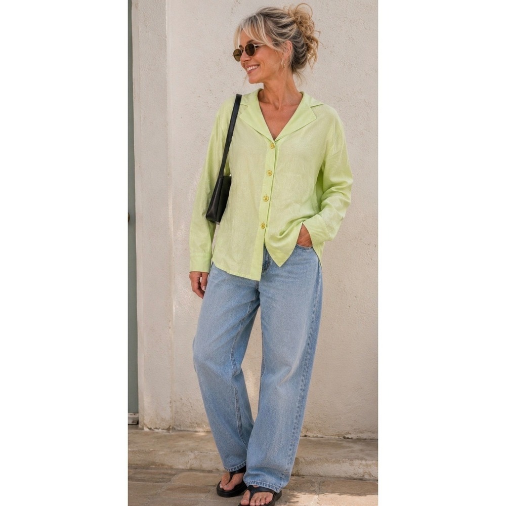 NWT Vintage Escada Margaretha Ley Blouse Shirt Green Cotton Gold Buttons 44 L